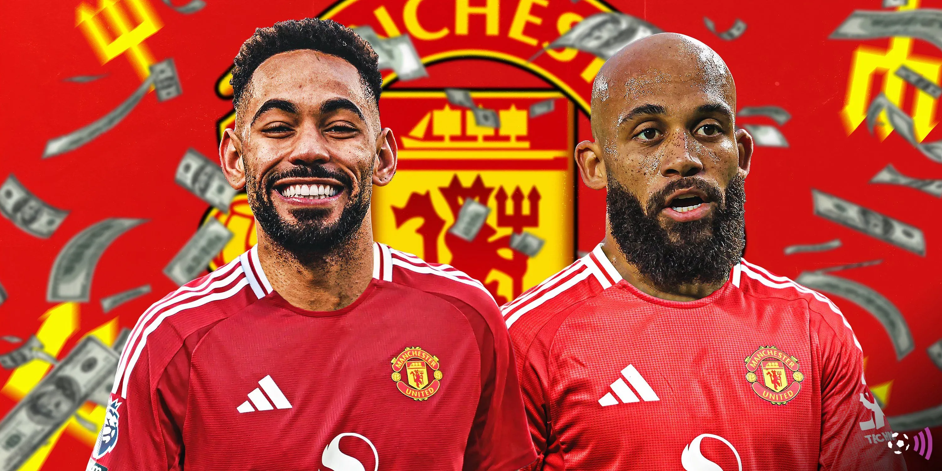 Hình ảnh ghép Matheus Cunha và Bryan Mbeumo mặc áo Manchester United