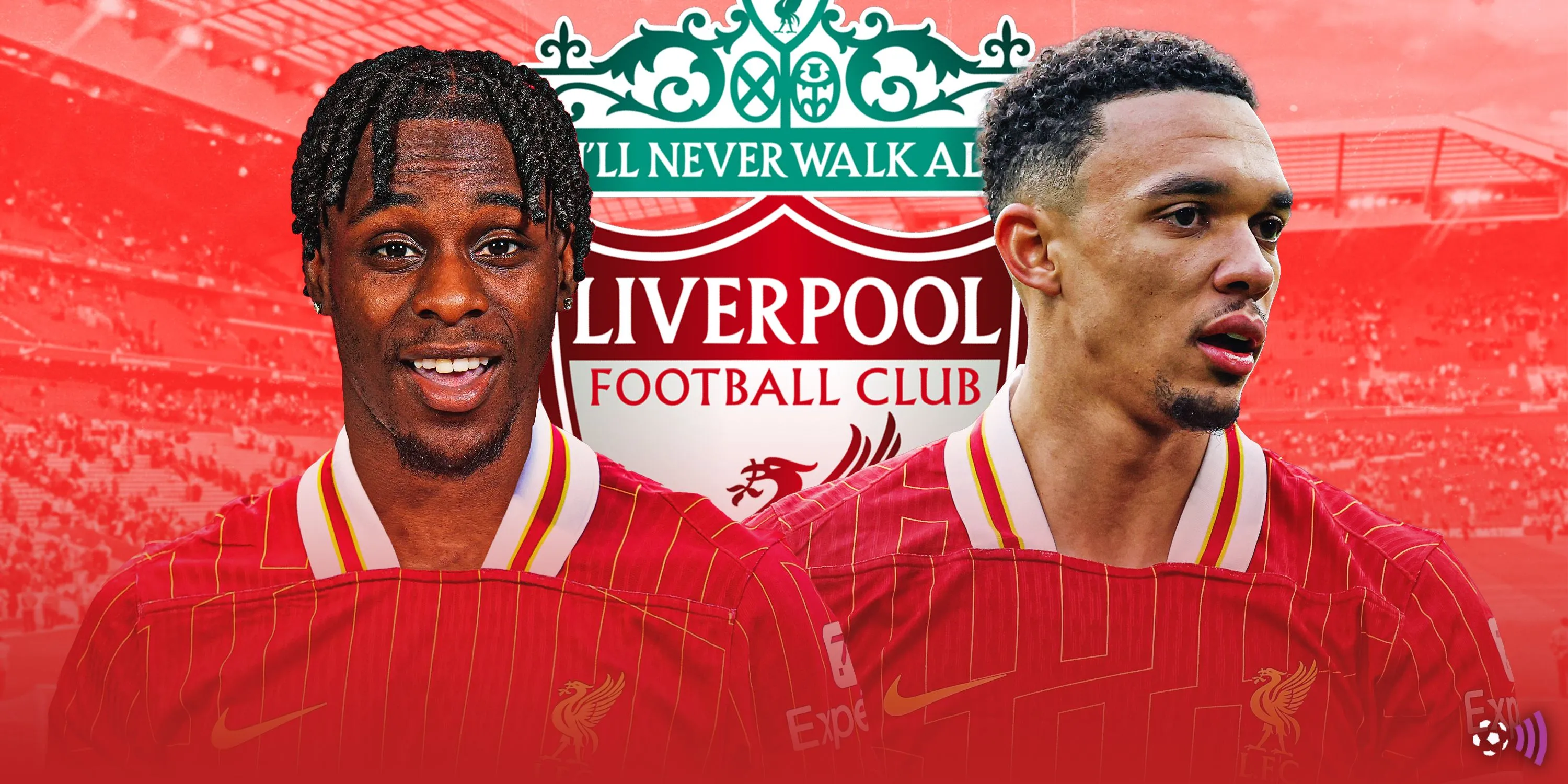 Hình ảnh so sánh Frimpong và Alexander-Arnold trong màu áo Liverpool