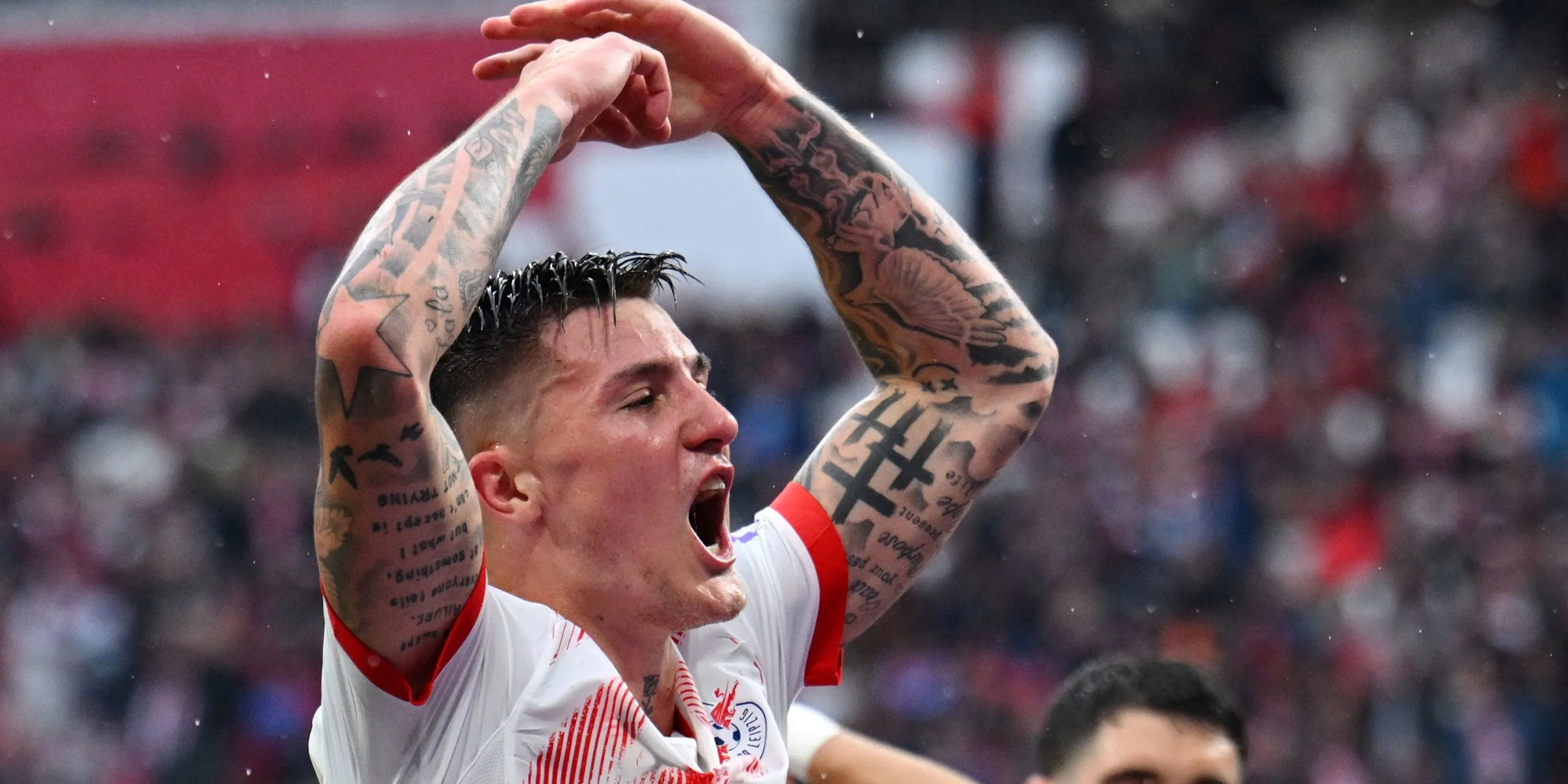 Tiền đạo Benjamin Sesko ăn mừng bàn thắng cho RB Leipzig, cầu thủ đang lọt vào tầm ngắm của Liverpool
