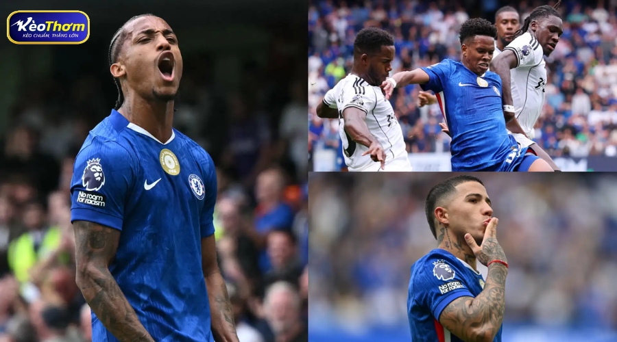 Cole Palmer nỗ lực đi bóng qua vòng vây của các cầu thủ phòng ngự Fulham.